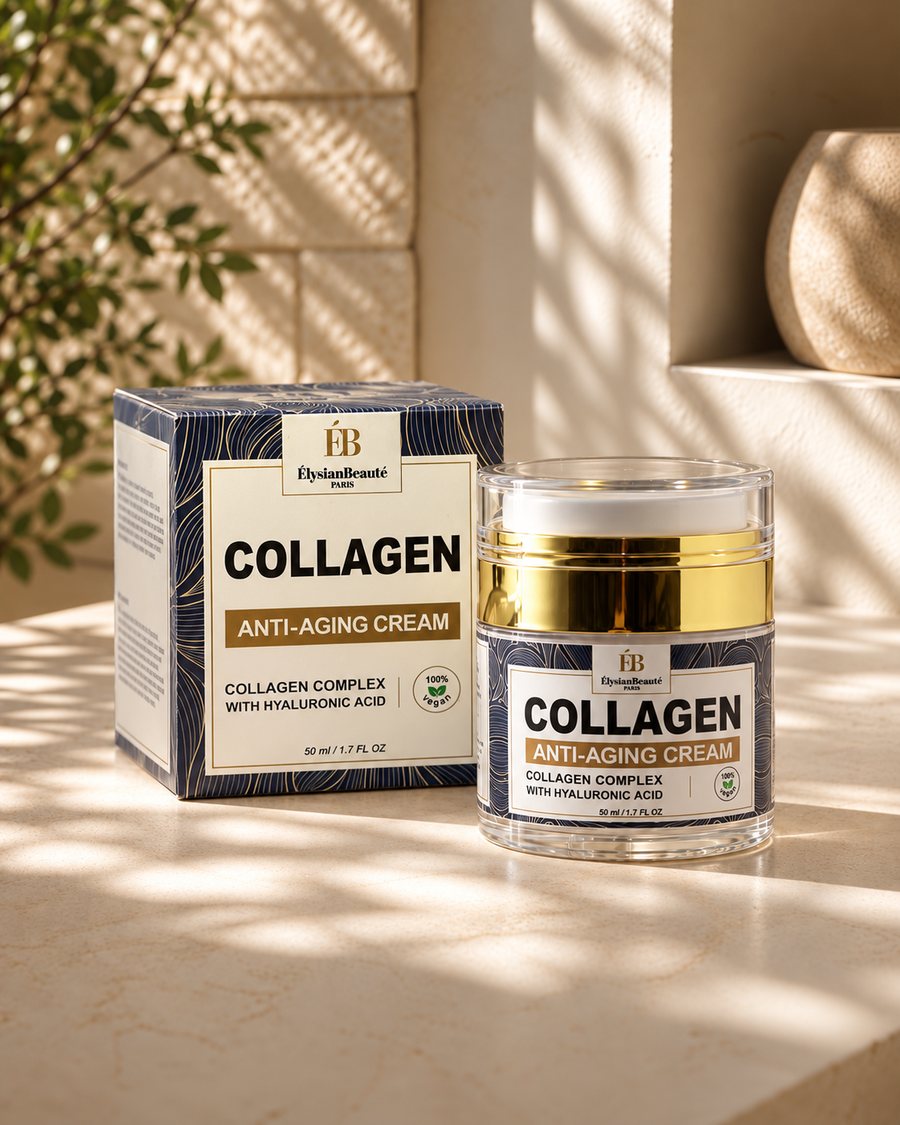 Collagen anti-aging cream, the jar in front of its box