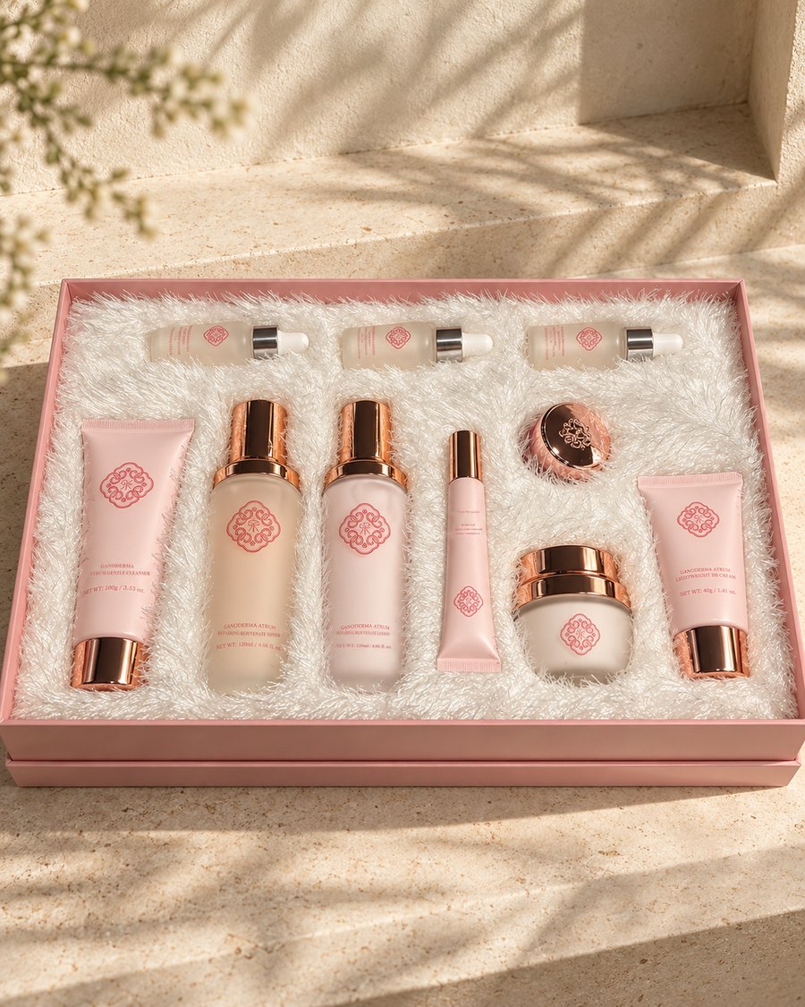 The full set, open in its pink box